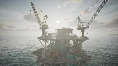 Aged Oil Rig in the Vast Ocean