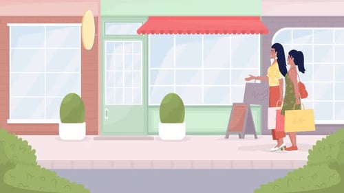 Animated Flat Design of Women Walking and Shopping