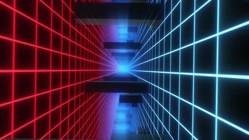 Futuristic Neon Grid Tunnel Flythrough Animation