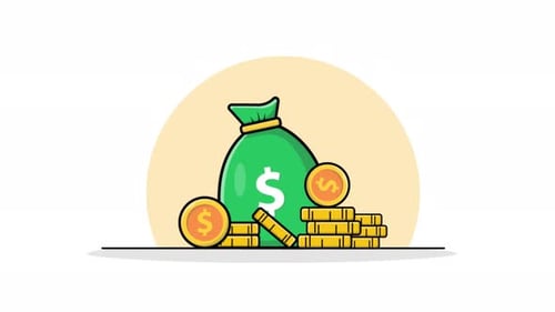 Animated Money Bag and Gold Coins in Flat Design Style