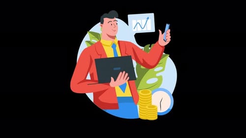 Businessman with laptop and finance symbols