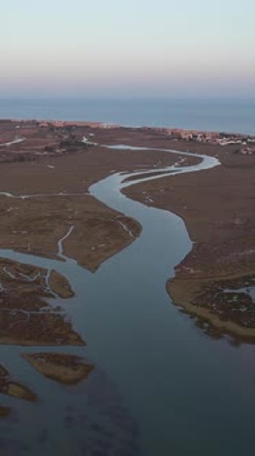 Vertical Video of River Channels. River Guadiana, Algarve, Portugal