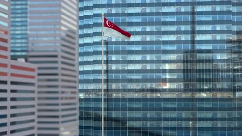 Singapore National Flag Waving on Modern Corporate Building