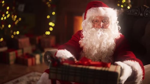 Santa Claus Holding Present by Christmas Tree Indoors
