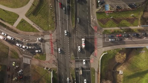 Busy Traffic at a Large Intersection Drone View