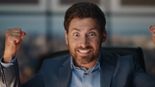 Closeup Happy Businessman Celebrating Success in Night Office Man Yes Gesture