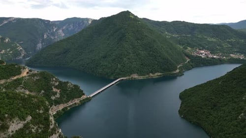 Beautiful panorama of the Piva lake canyon. Aerial view. Montenegro.