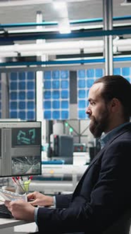 Vertikales Video: Professioneller Inspektor, der Fertigungsprozessdaten am Computer überprüft