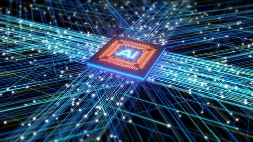 AI Acceleration Dark Digital background. Futuristic Microchip Connected with Energy Lines.