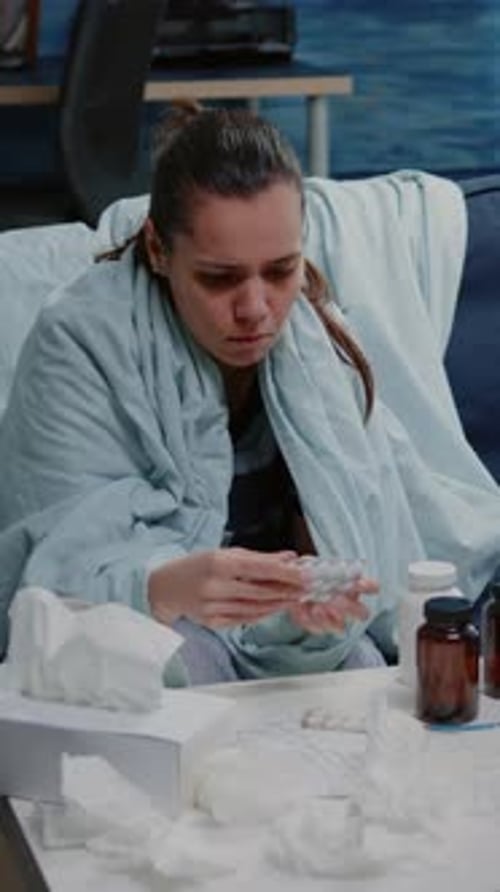 Woman Taking Medicine While Sick at Home