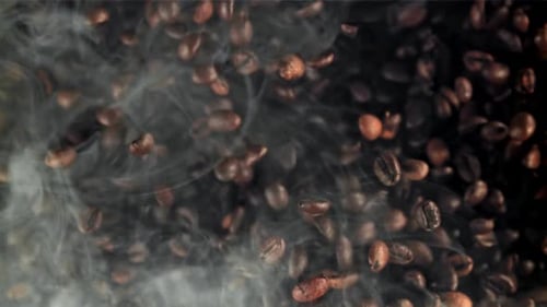 Roasted Coffee Beans Falling with Steam