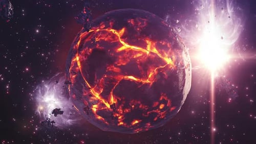 Heiß sterbender Alienplanet mit heißem Magma und Asteroiden, 4K