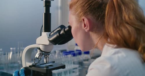Medical Science Laboratory Female Biochemist Looks Under Microscope