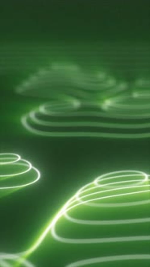 Abstract green glowing contour lines forming wave-like patterns on a dark surface