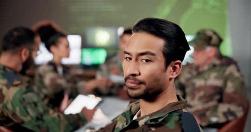 Military, meeting and team with face of man at headquarters for defense force