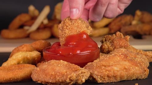 Hand dips crunchy fried chicken wings into tomatoes sauce. Footage for advertise fast food
