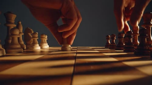 Closeup People Competing Chess on Checkered Board Indoors Strategic Game Hobby