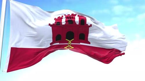 Realistic Waving Flag of Gibraltar with Blue Sky Background