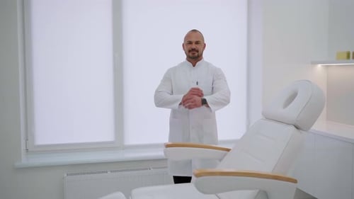Confident Doctor in Clinic with Examination Chair