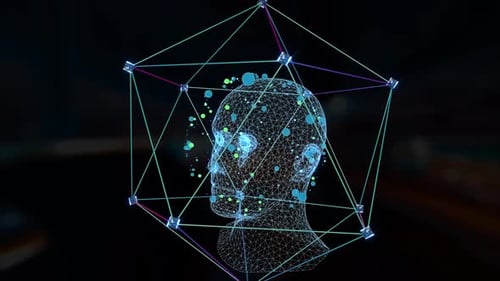 Futuristic Wireframe Head in Geometric Grid with Digital Particles