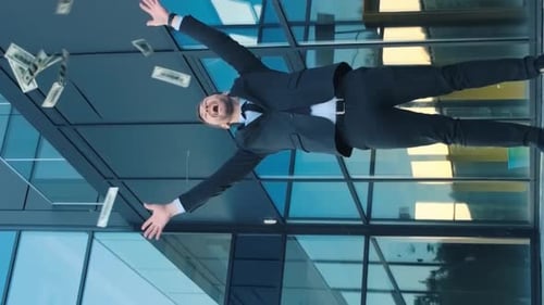 Businessman Throwing Money at Fun Event in Electric Blue City Building