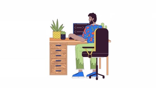 Black office employee at computer line 2D character animation