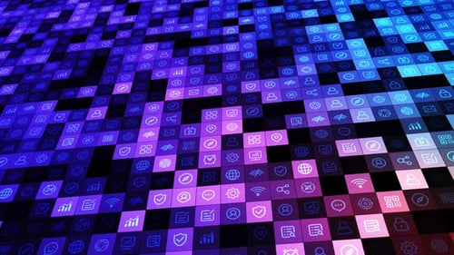 Futuristic Digital Grid with Animated Technology Icons Background