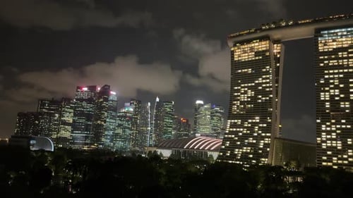 Singapore city skyline, Marina Bay Sands luxury hotel at night, light up