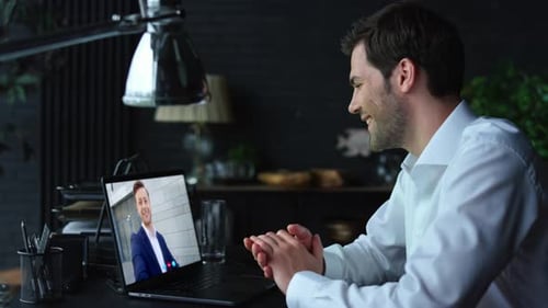 Office Colleagues Video Chatting By Laptop Close Up Manager Talking Online