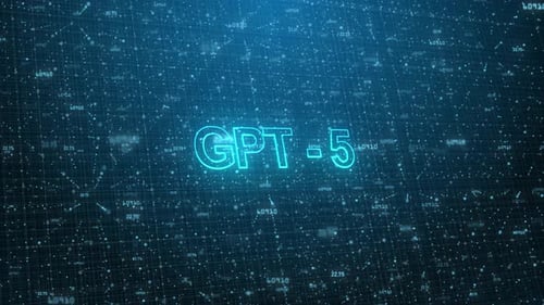 GPT - 5 Text on Futuristic Cyberspace Background. 3D Grid and Binary Numbers.