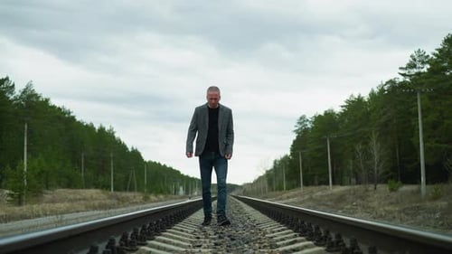 Man Walking Railroad Tracks Through Rural Landscape
