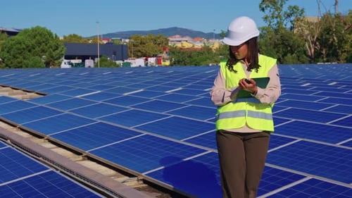 Female Electrical Engineer Inspecting Solar Panels on a Roof
