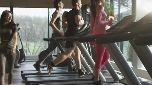 Young athletic men and women exercising and running on treadmill in sport gym.