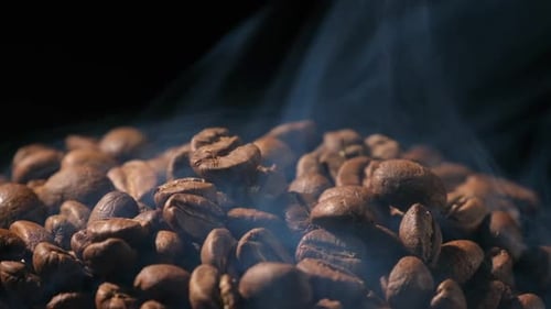 Slow motion of roasted coffee beans falling. Organic coffee seeds.