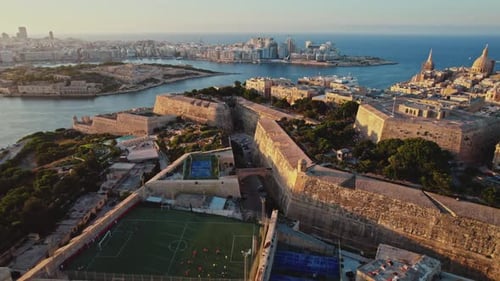 Aerial view of La Valletta downtown at sunset in Malta.