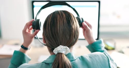Call center, finish or woman on computer in headphones for communication in customer service help