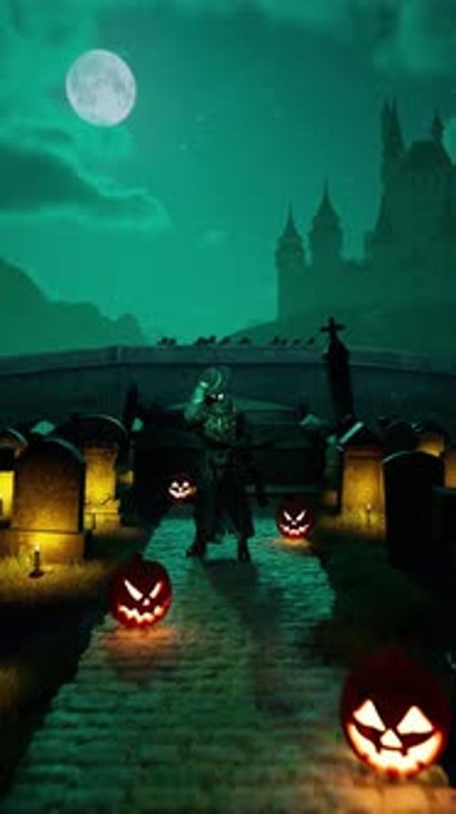 CGI of Headless Villain and Bats Holding Halloween Banner at Cemetery