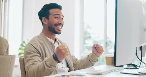 Internet, search and businessman success, celebration and computer for idea