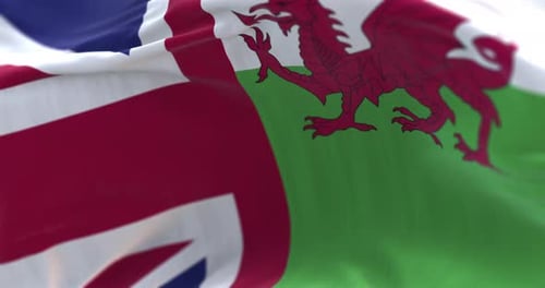 Waving United Kingdom and Wales Flags Combined Realistic Animation