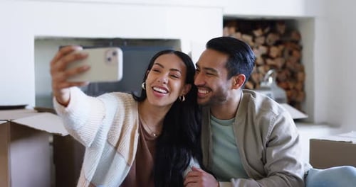 Happy couple, real estate and selfie in new home, photography or memory for moving in together