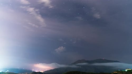 Starry sky, clouds and city lights, time lapse view