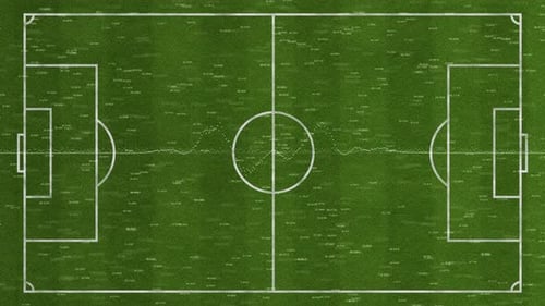 Top view of soccer or football game field with statistics and strategy numbers and graphs.