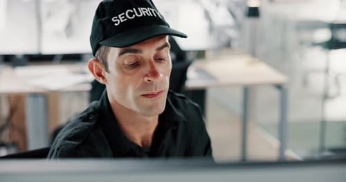 Man, security guard and radio signal with surveillance for safety monitoring