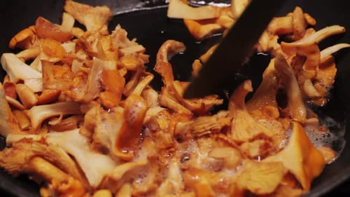 Un tas de chanterelles fraîches, poêlées.