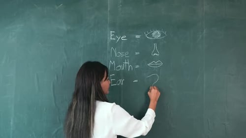 Teacher Drawing Human Face Parts on Chalkboard
