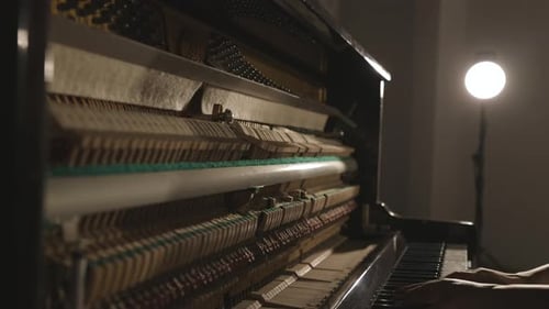 Cinematic Dolly Studio Shot of Open Upright Piano, Pianist Hands Playing Classic Melody, Hands Finge