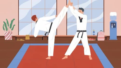 Two Men Sparring in Karate Class - Dojo Practice - Martial Arts Training - Self-Defense