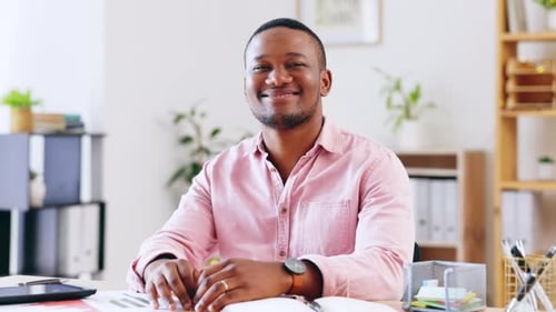 Happy, business and face of black man in office with smile for confidence