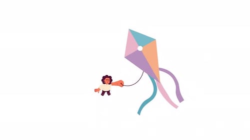 Flat Design Animation of a Child Flying a Colorful Kite