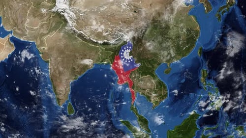 Planet Earth Global Map Zoom to Myanmar Flag Reveal